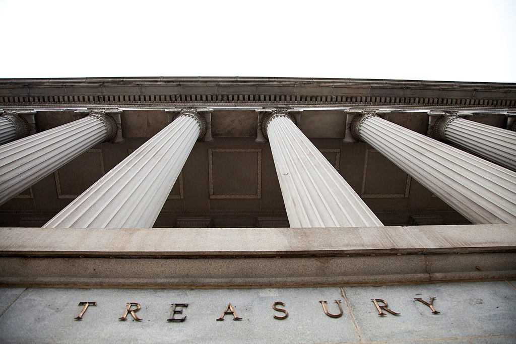 The facade of the U.S. Department of Treasury building in Washington DC
